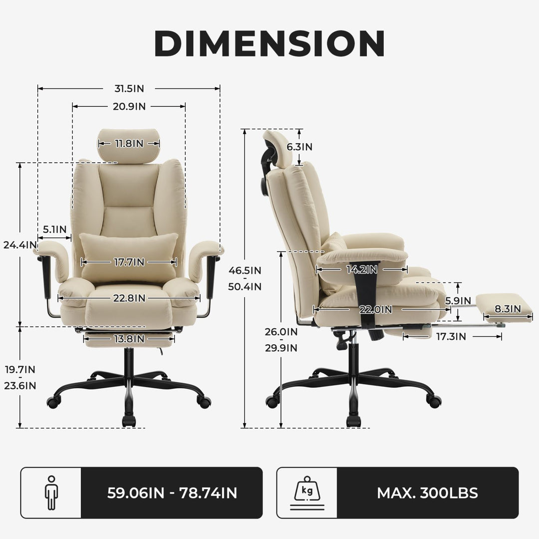 Office Chair Ergonomic 200 kg PU Leather Computer Chair with Lumbar Support and High Backrest, Ergonomic Desk Chair with Liftable Headrest, Beige