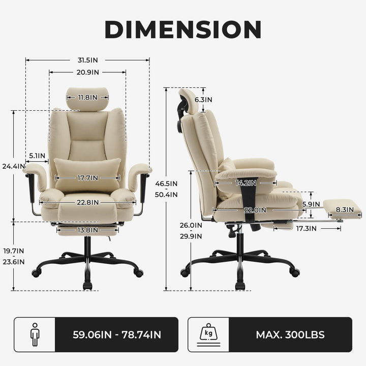 Office Chair Ergonomic 200 kg PU Leather Computer Chair with Lumbar Support and High Backrest, Ergonomic Desk Chair with Liftable Headrest, Beige