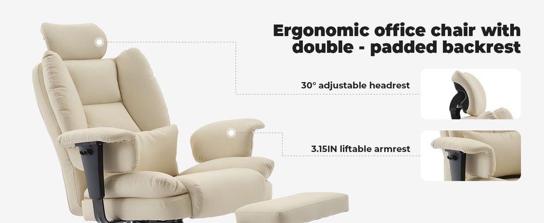 Office Chair Ergonomic 200 kg PU Leather Computer Chair with Lumbar Support and High Backrest, Ergonomic Desk Chair with Liftable Headrest, Beige