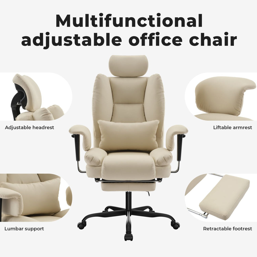 Office Chair Ergonomic 200 kg PU Leather Computer Chair with Lumbar Support and High Backrest, Ergonomic Desk Chair with Liftable Headrest, Beige