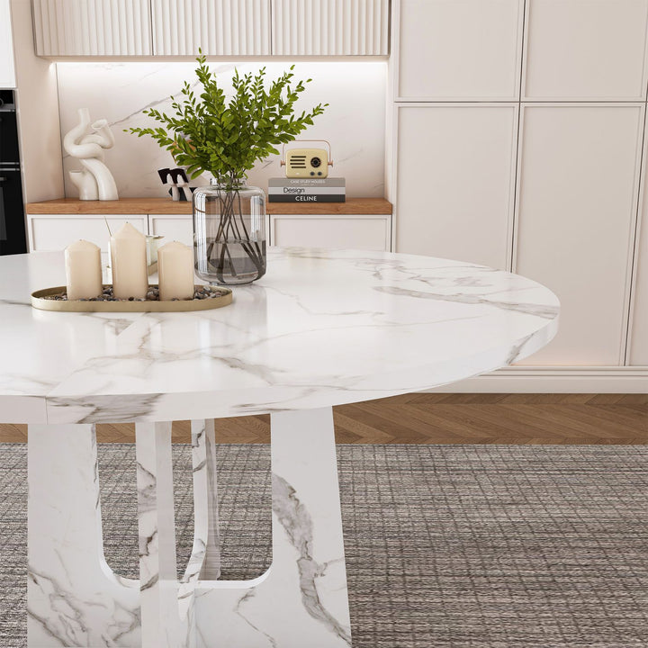 47.24" Round Dining Table for 4 - Farmhouse MDF Table with Marble White Finish, 300lb Capacity, Easy Assembly for Kitchen/Dining Room - Modern Spiced Table