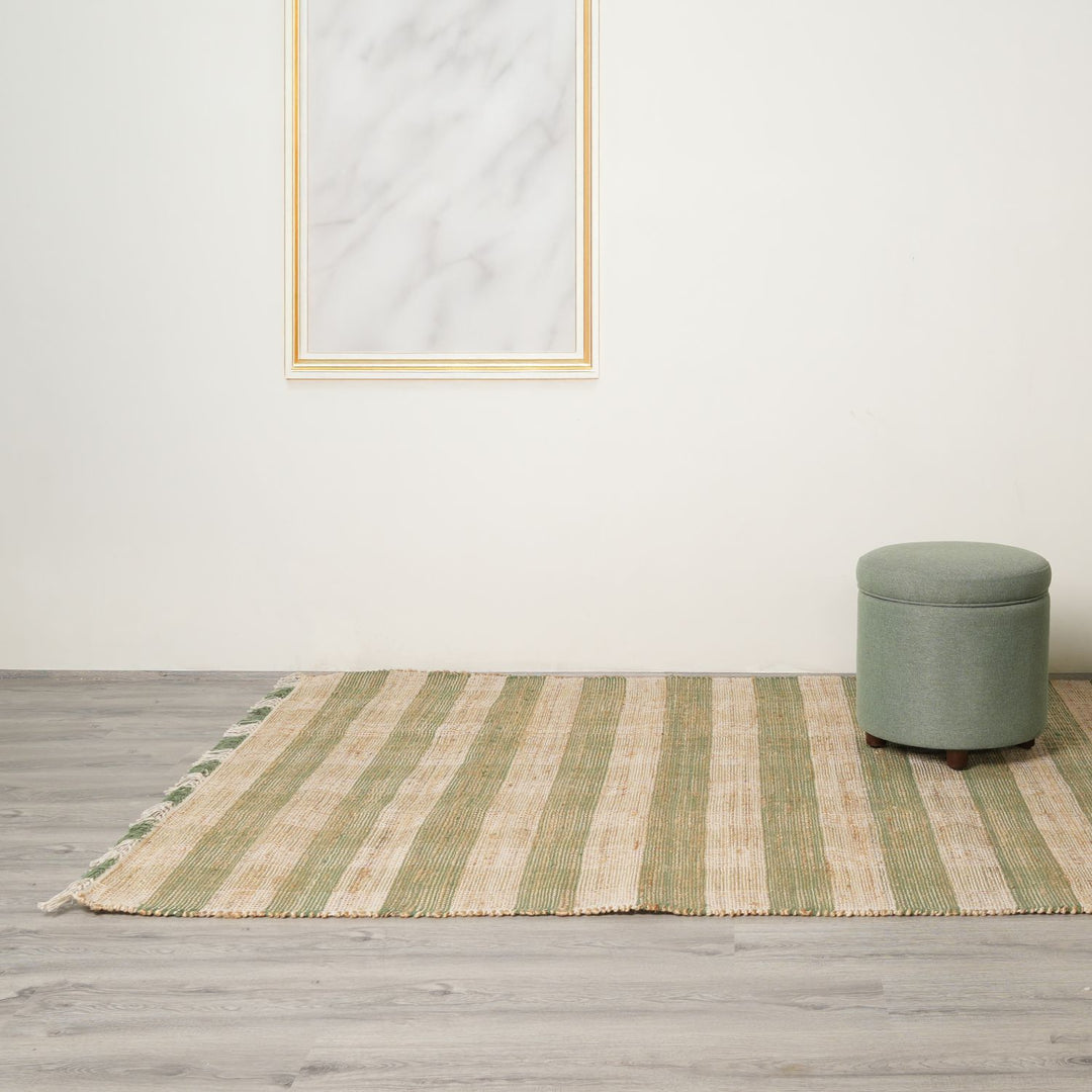 Artisan Hand Woven Jute & Cotton Green Plaid Rug-5X7 ft