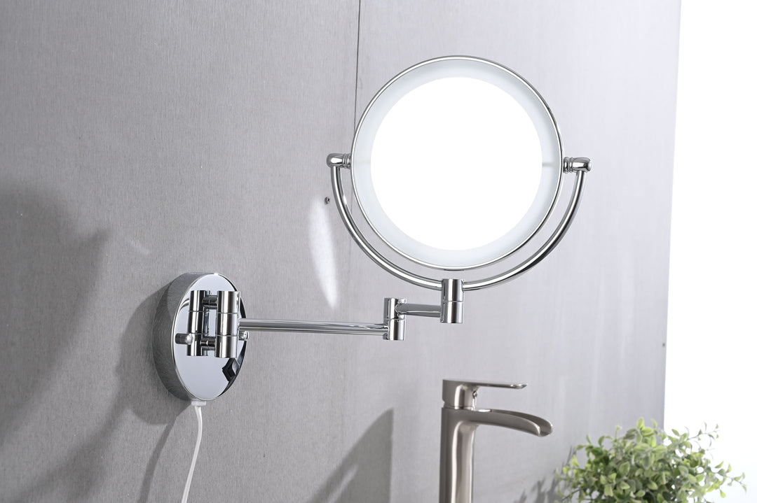 8 Inch LED Wall Mount Two-Sided Magnifying Makeup Vanity Mirror  Extension Finish 1X/3X Magnification Plug 360 Degree Rotation Waterproof Button Shaving Mirror