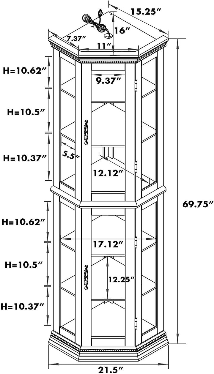 Corner Curio Cabinet with Lights, Adjustable Tempered Glass Shelves, Mirrored Back, Display Cabinet,Walnut (E26 light bulb not included)