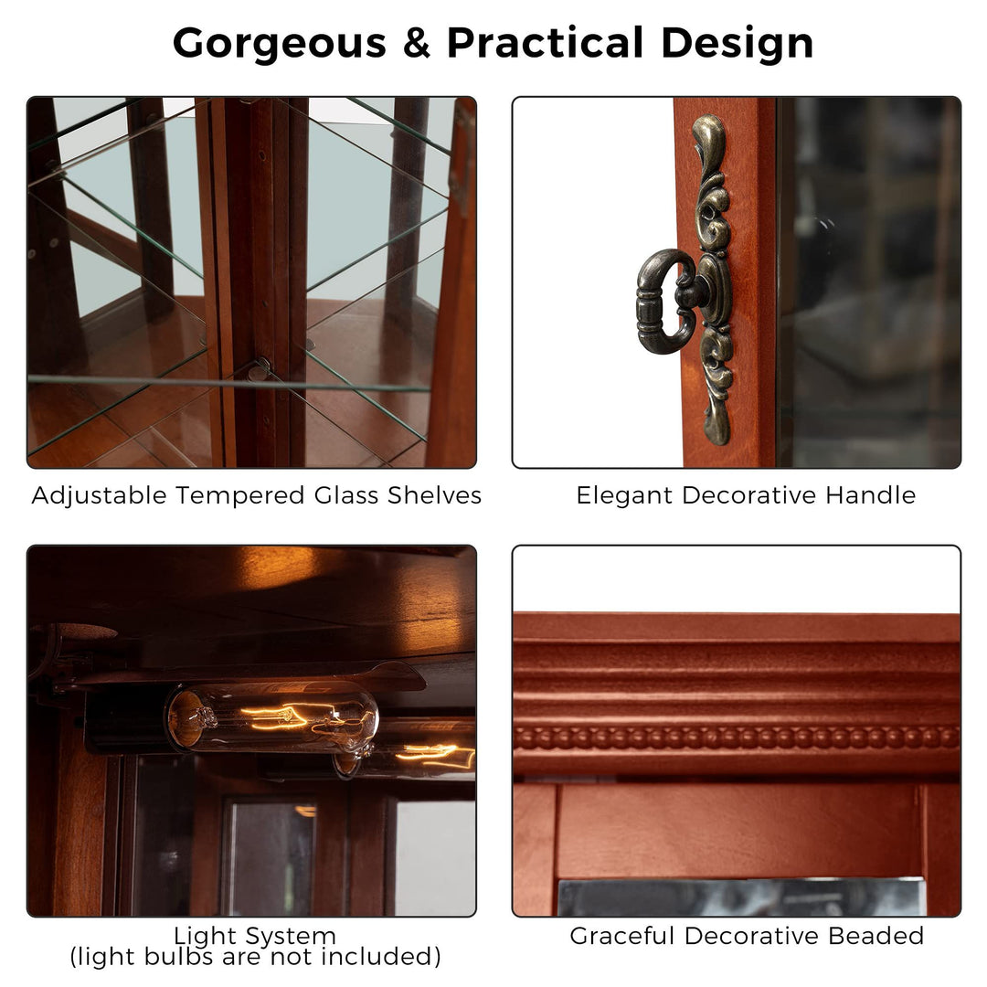 Corner Curio Cabinet with Lights, Adjustable Tempered Glass Shelves, Mirrored Back, Display Cabinet,Walnut (E26 light bulb not included)