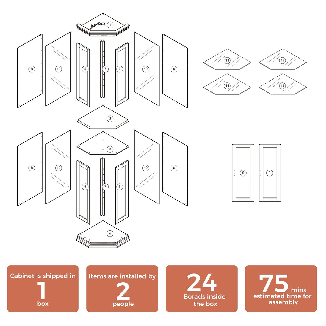 Corner Curio Cabinet with Lights, Adjustable Tempered Glass Shelves, Mirrored Back, Display Cabinet,Walnut (E26 light bulb not included)