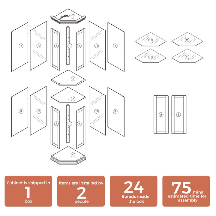Corner Curio Cabinet with Lights, Adjustable Tempered Glass Shelves, Mirrored Back, Display Cabinet,Walnut (E26 light bulb not included)