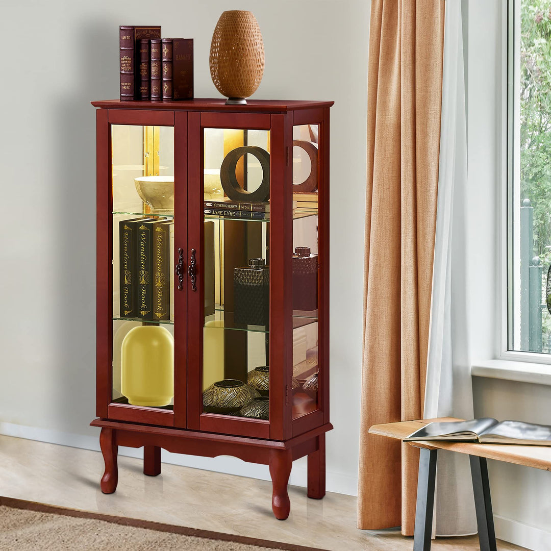 Curio Cabinet Lighted Curio Diapaly Cabinet with Adjustable Shelves and Mirrored Back Panel, Tempered Glass Doors (Cherry, 3 Tier), (E26 light bulb not included)