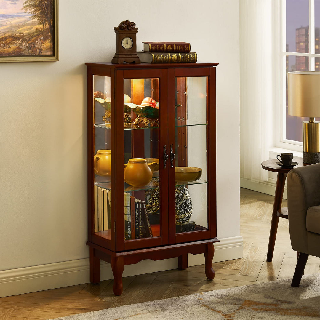 Curio Cabinet Lighted Curio Diapaly Cabinet with Adjustable Shelves and Mirrored Back Panel, Tempered Glass Doors (Cherry, 3 Tier), (E26 light bulb not included)