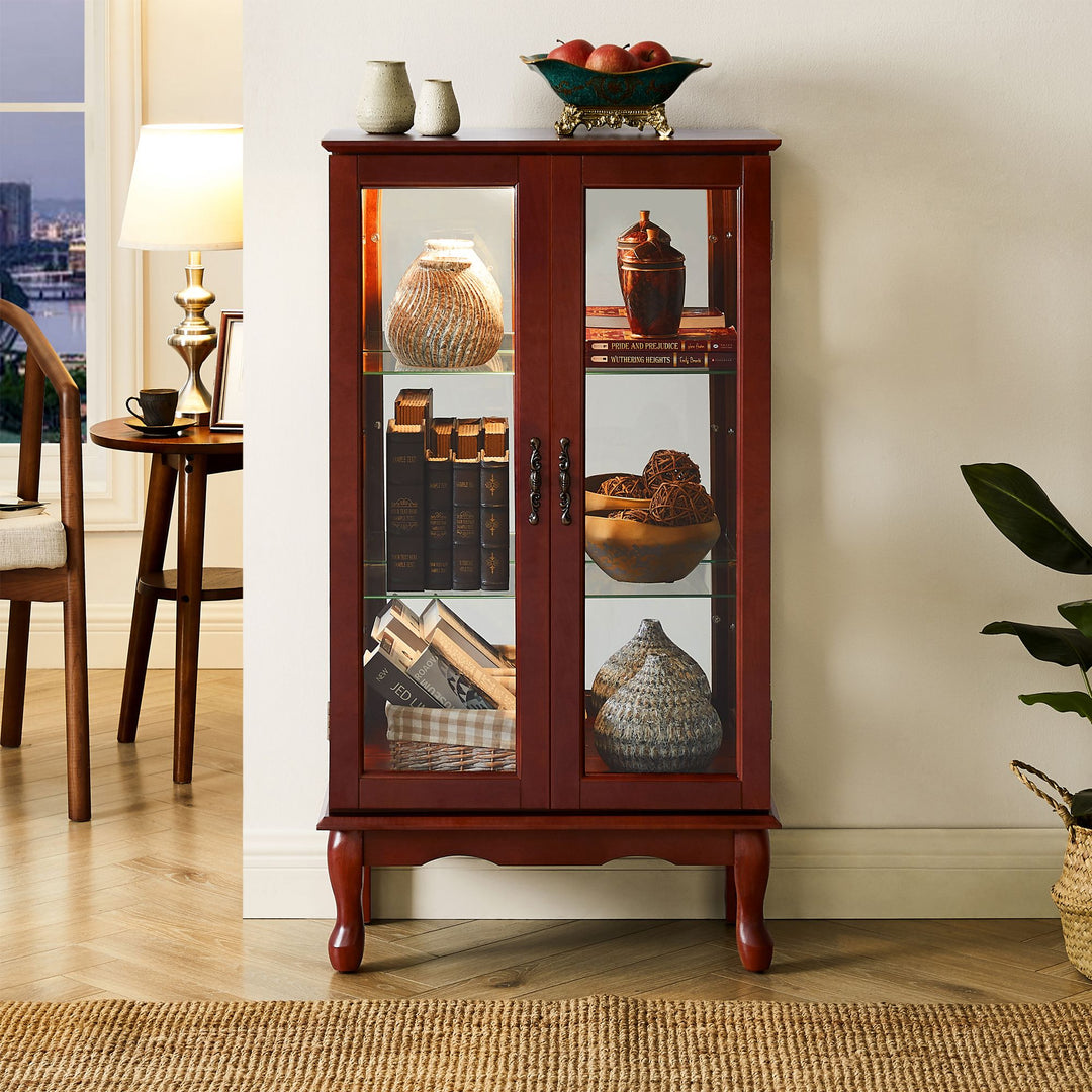 Curio Cabinet Lighted Curio Diapaly Cabinet with Adjustable Shelves and Mirrored Back Panel, Tempered Glass Doors (Cherry, 3 Tier), (E26 light bulb not included)