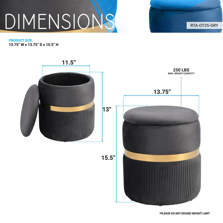 Techni Mobili Modern Velvet Round Ottoman with Storage, Grey