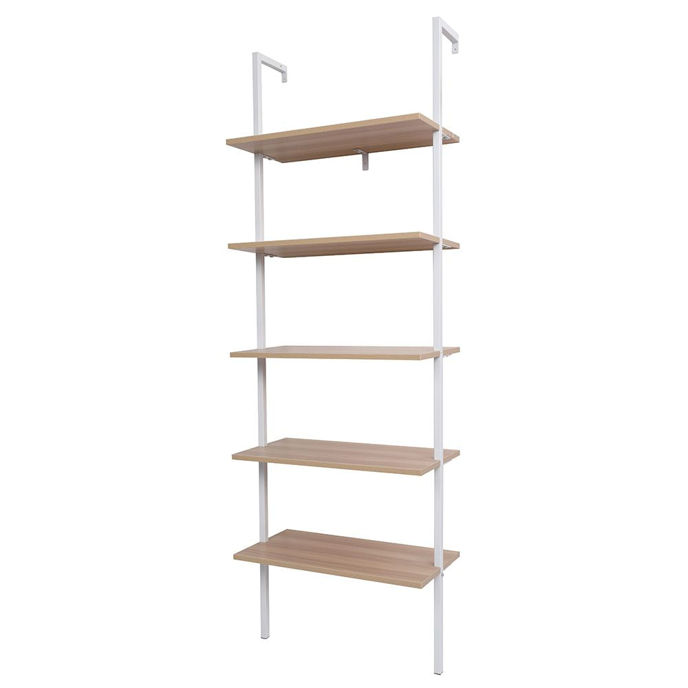 5-Shelf Wood Ladder Bookcase with Metal Frame Industrial 5-Tier Modern Ladder Shelf