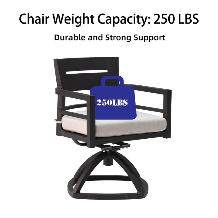 7-Piece Outdoor Patio Aluminum Furniture, Modern Dining Set, including 4 Dining Chairs & 2 Swivel Rockers Sunbrella Fabric Cushioned and Rectangle Dining Table with Umbrella Hole, Ember Black