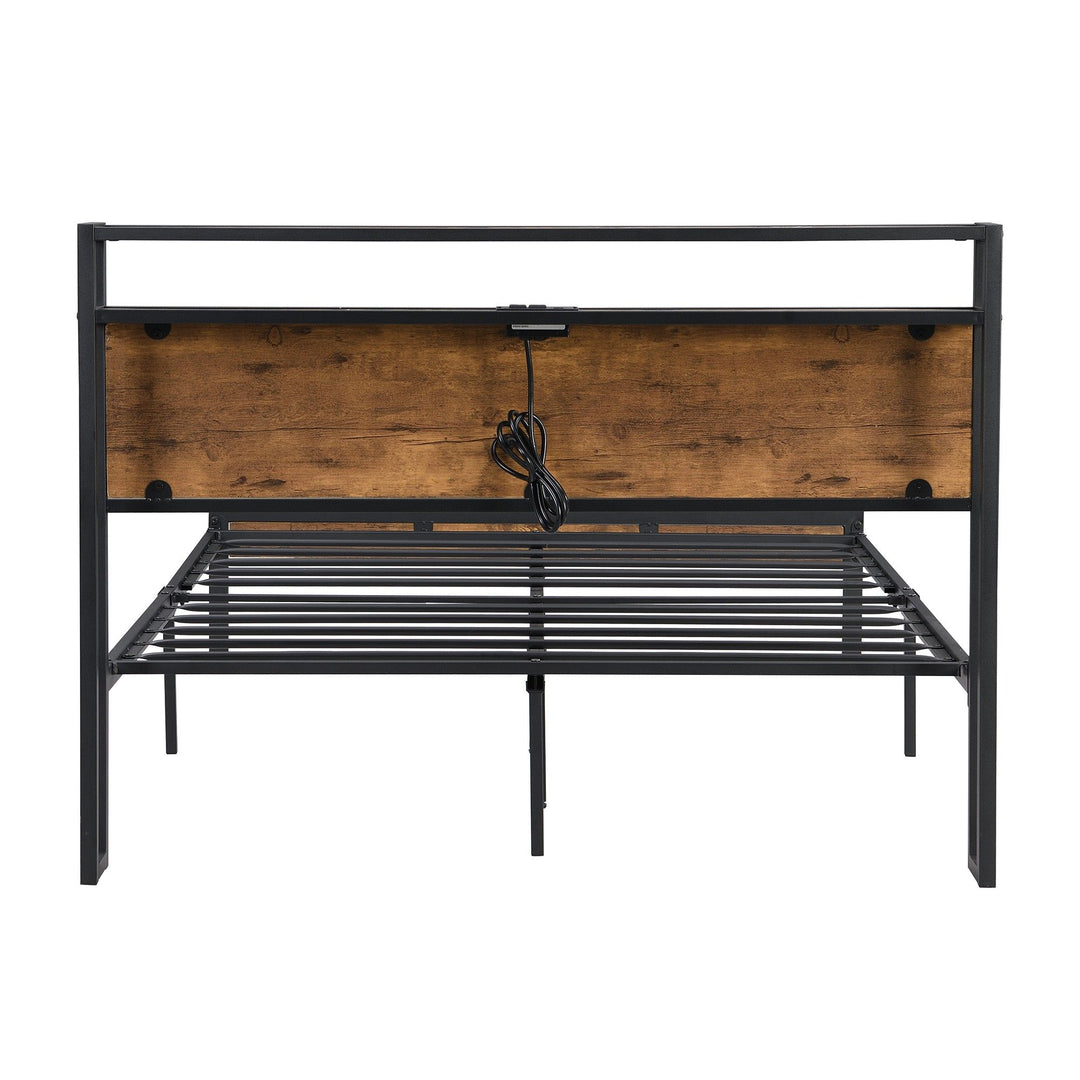 Queen Size Metal Platform Bed Frame with Wooden Headboard and Footboard with USB LINER, No Box Spring Needed, Large Under Bed Storage, Easy Assemble