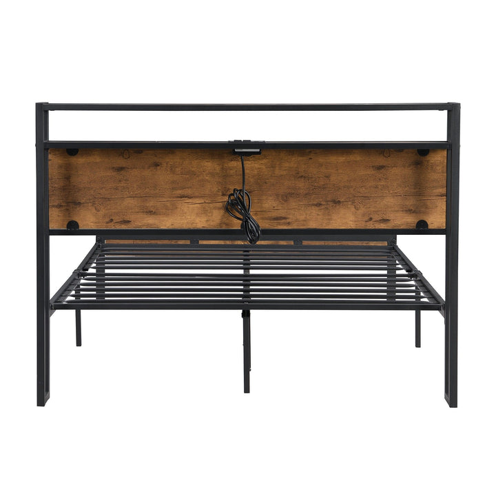 Queen Size Metal Platform Bed Frame with Wooden Headboard and Footboard with USB LINER, No Box Spring Needed, Large Under Bed Storage, Easy Assemble