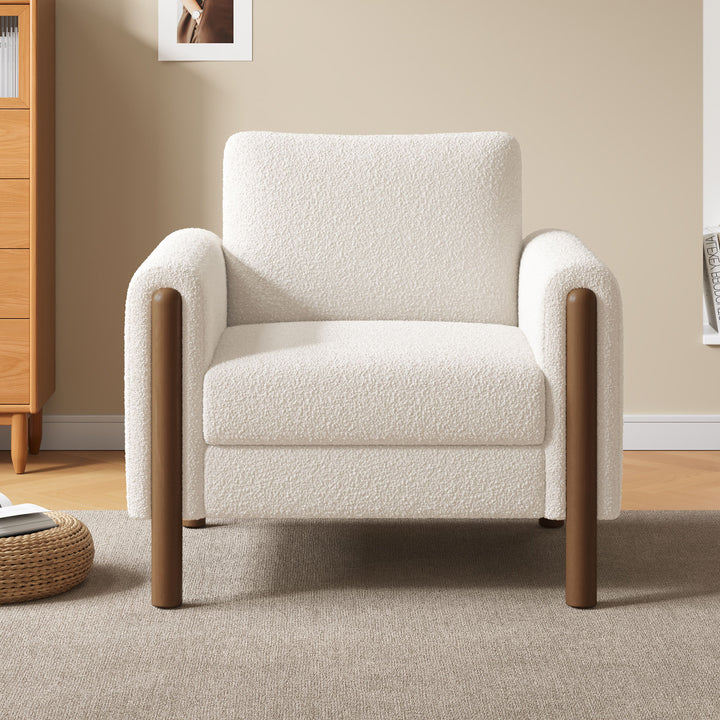 Oversized Accent Chair, Upholstered Living Room Chairs Single Sofa Chair with Walnut Legs, Curved handrail, White