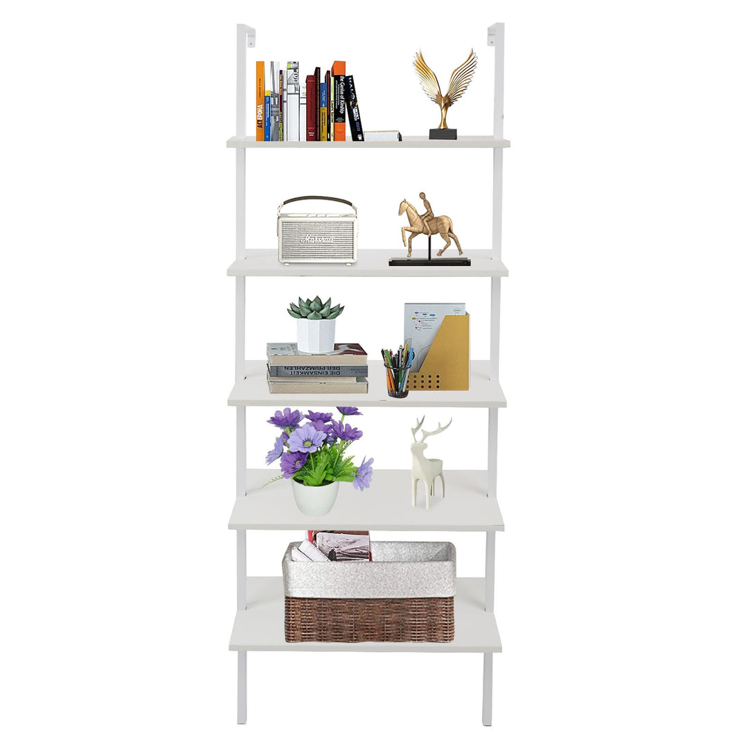 5-Shelf Wood Ladder Bookcase with Metal Frame Industrial 5-Tier Modern Ladder Shelf