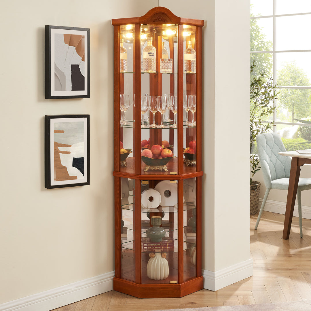 Glass Cabinet Lighted Corner Cabinet Corner Display Curio Cabinet, Glass Display With Light(Included)Bar Cabinet,Wine Cabinet with Adjustable Glass Shelves Carved Decoration Cherry Light(Included)