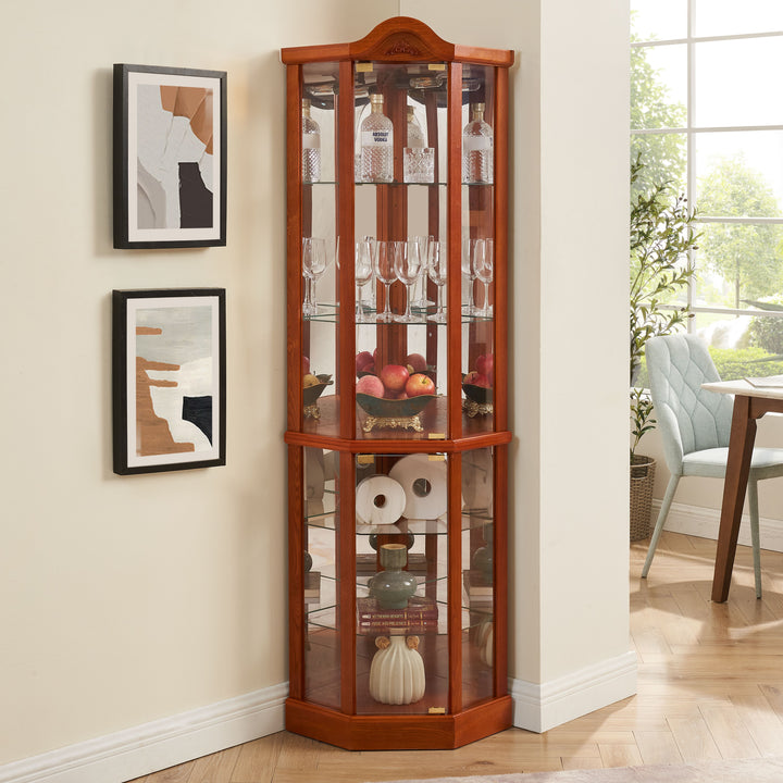 Glass Cabinet Lighted Corner Cabinet Corner Display Curio Cabinet, Glass Display With Light(Included)Bar Cabinet,Wine Cabinet with Adjustable Glass Shelves Carved Decoration Cherry Light(Included)