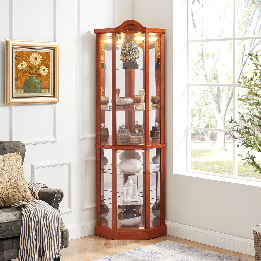 Glass Cabinet Lighted Corner Cabinet Corner Display Curio Cabinet, Glass Display With Light(Included)Bar Cabinet,Wine Cabinet with Adjustable Glass Shelves Carved Decoration Cherry Light(Included)