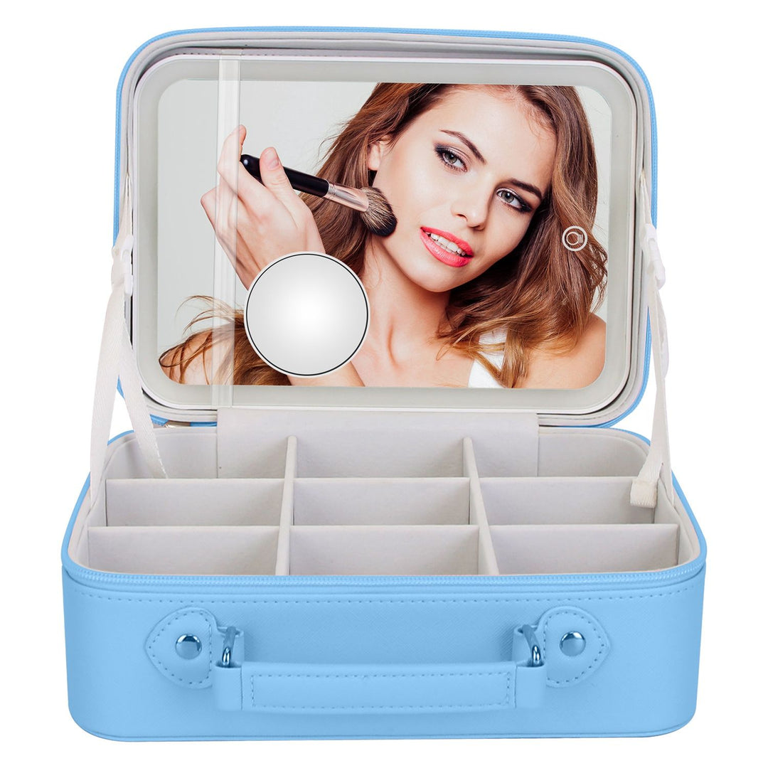 Travel Makeup Bag with LED Mirror – 3-Color Dimmable Lighting + Detachable 10× Magnifying Mirror & Waterproof Organizer | Trufairs