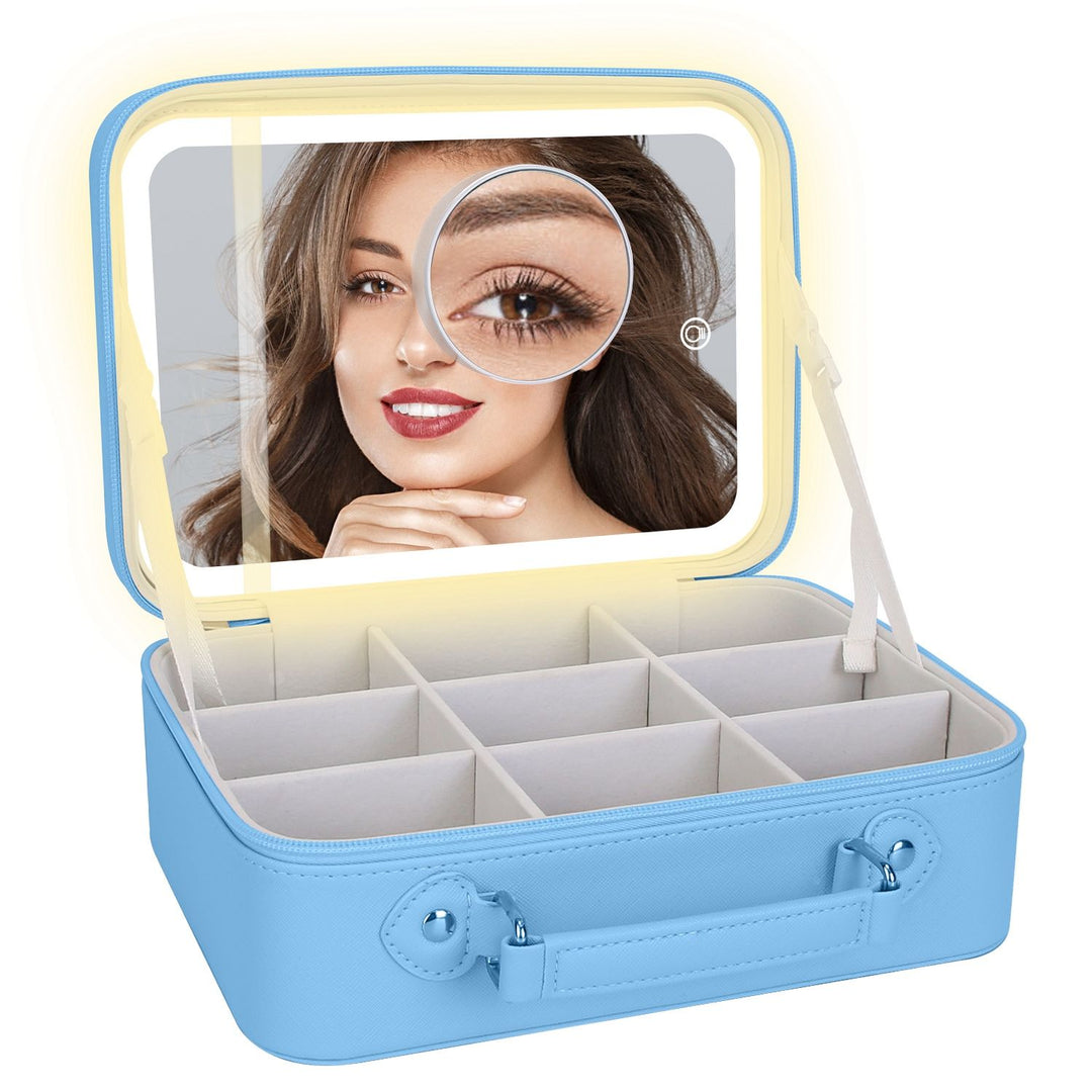 Travel Makeup Bag with LED Mirror – 3-Color Dimmable Lighting + Detachable 10× Magnifying Mirror & Waterproof Organizer | Trufairs