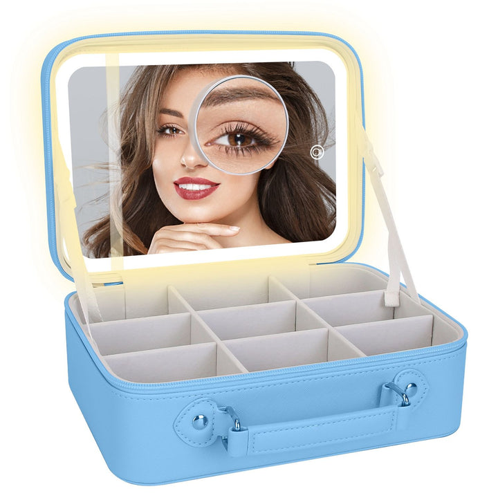 Travel Makeup Bag with LED Mirror – 3-Color Dimmable Lighting + Detachable 10× Magnifying Mirror & Waterproof Organizer | Trufairs