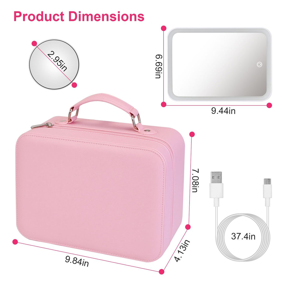 Travel Makeup Bag with LED Mirror – 3-Color Dimmable Lighting + Detachable 10× Magnifying Mirror & Waterproof Organizer | Trufairs