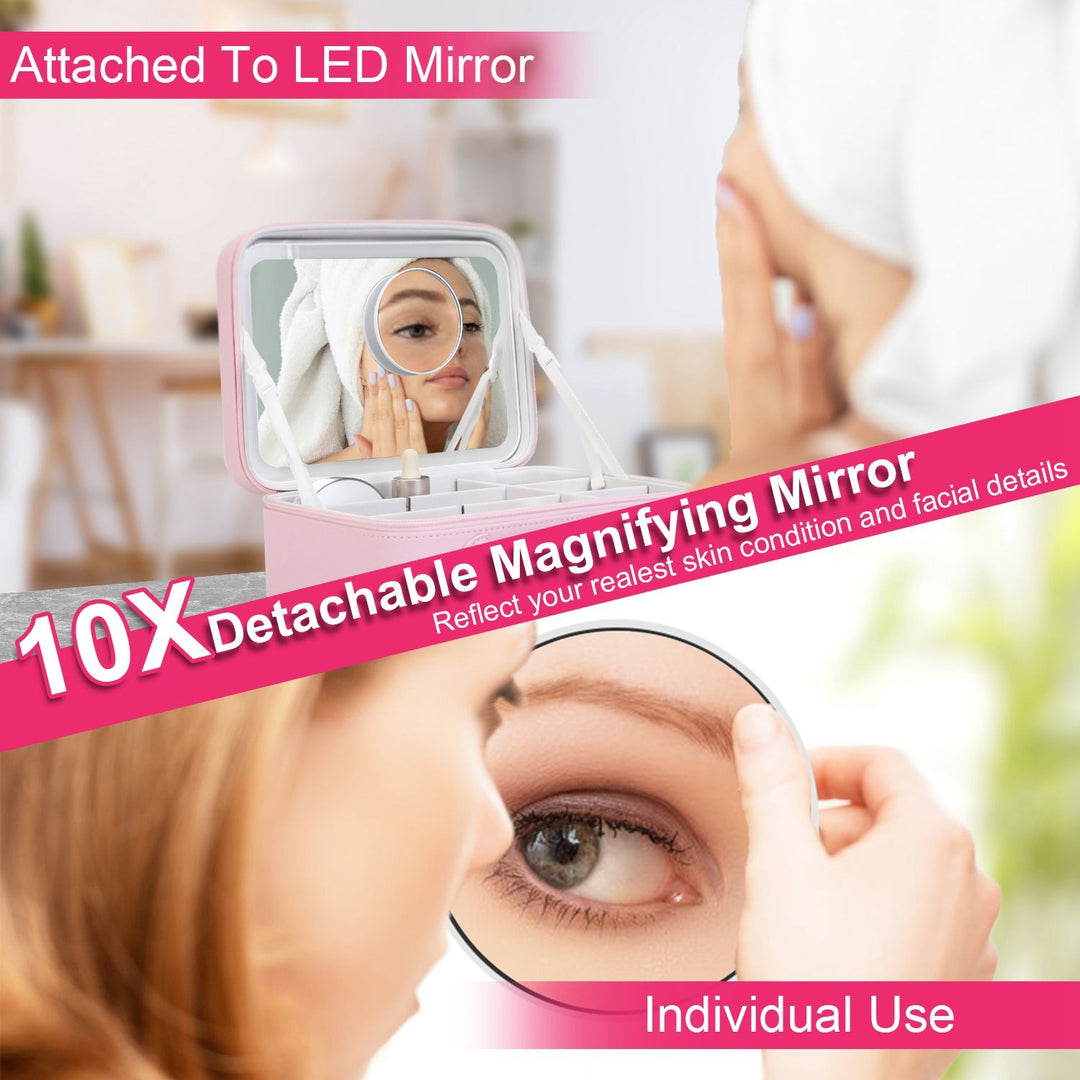 Travel Makeup Bag with LED Mirror – 3-Color Dimmable Lighting + Detachable 10× Magnifying Mirror & Waterproof Organizer | Trufairs