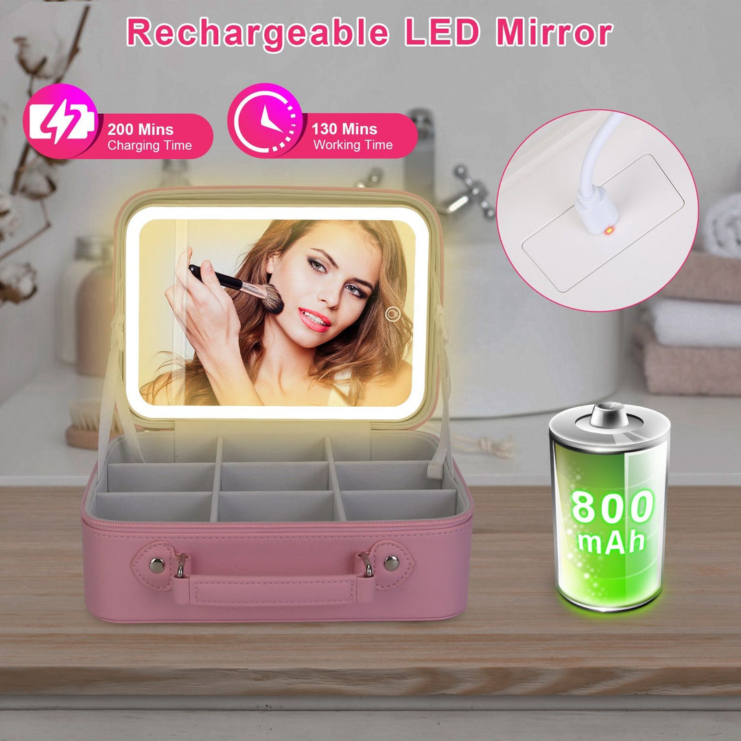 Travel Makeup Bag with LED Mirror – 3-Color Dimmable Lighting + Detachable 10× Magnifying Mirror & Waterproof Organizer | Trufairs