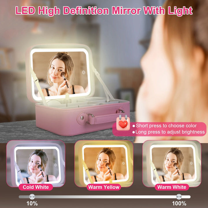 Travel Makeup Bag with LED Mirror – 3-Color Dimmable Lighting + Detachable 10× Magnifying Mirror & Waterproof Organizer | Trufairs