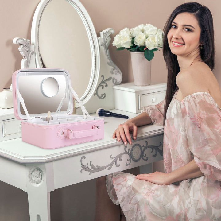 Travel Makeup Bag with LED Mirror – 3-Color Dimmable Lighting + Detachable 10× Magnifying Mirror & Waterproof Organizer | Trufairs