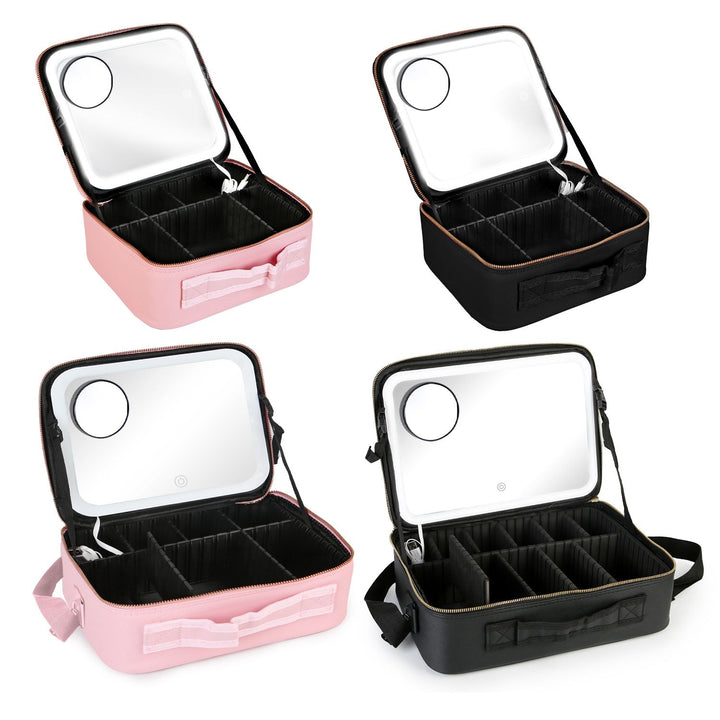 Travel Makeup Bag with LED Mirror Makeup Case Organizer with 3 Light Colors Adjustable Dividers Brush Holder Magnifying Mirror Dimmable USB Rechargeable