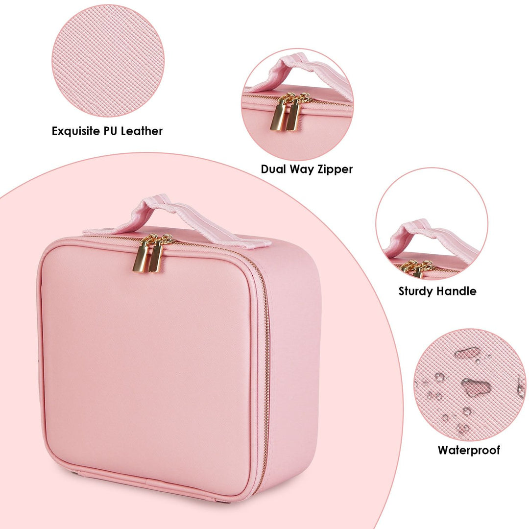 Travel Makeup Bag with LED Mirror Makeup Case Organizer with 3 Light Colors Adjustable Dividers Brush Holder Magnifying Mirror Dimmable USB Rechargeable