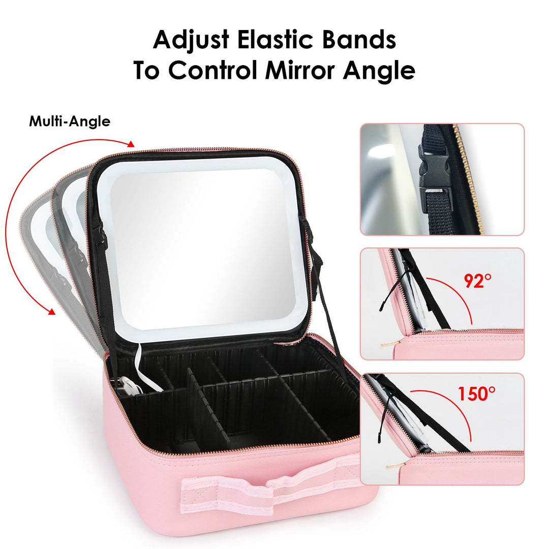 Travel Makeup Bag with LED Mirror Makeup Case Organizer with 3 Light Colors Adjustable Dividers Brush Holder Magnifying Mirror Dimmable USB Rechargeable