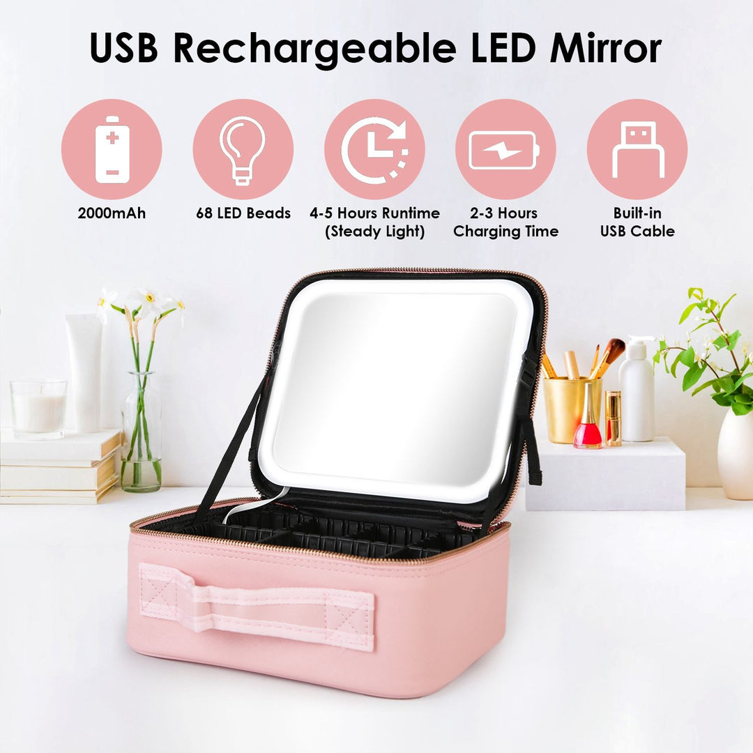 Travel Makeup Bag with LED Mirror Makeup Case Organizer with 3 Light Colors Adjustable Dividers Brush Holder Magnifying Mirror Dimmable USB Rechargeable