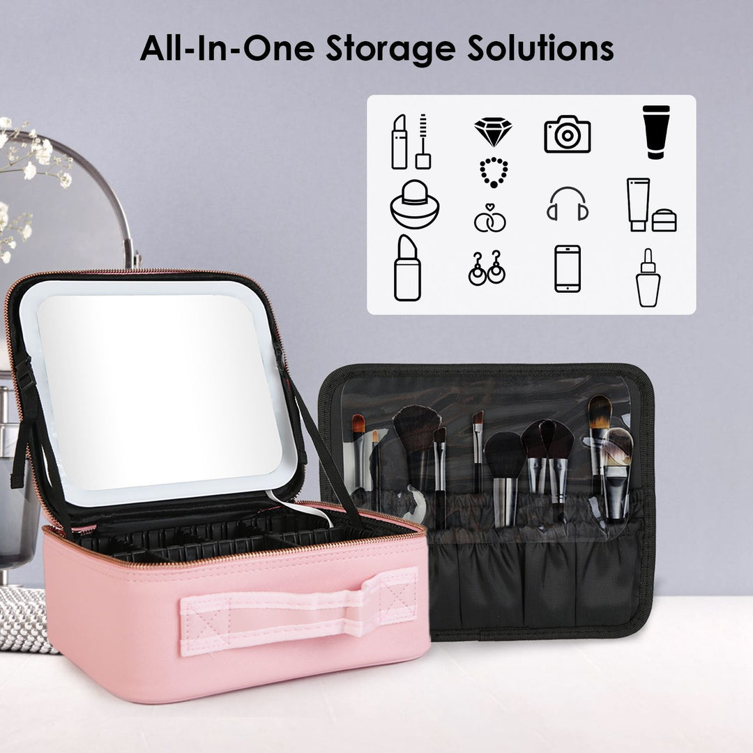 Travel Makeup Bag with LED Mirror Makeup Case Organizer with 3 Light Colors Adjustable Dividers Brush Holder Magnifying Mirror Dimmable USB Rechargeable