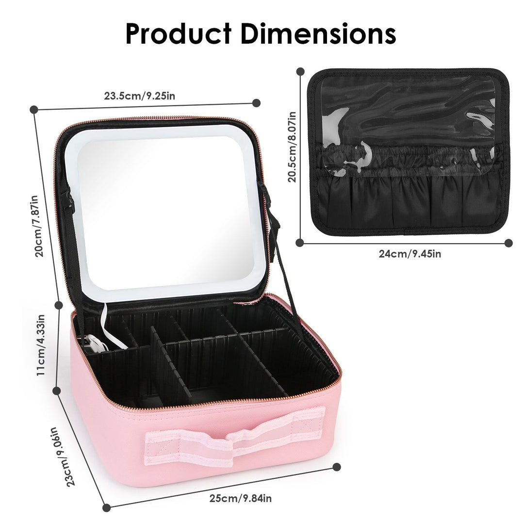 Travel Makeup Bag with LED Mirror Makeup Case Organizer with 3 Light Colors Adjustable Dividers Brush Holder Magnifying Mirror Dimmable USB Rechargeable