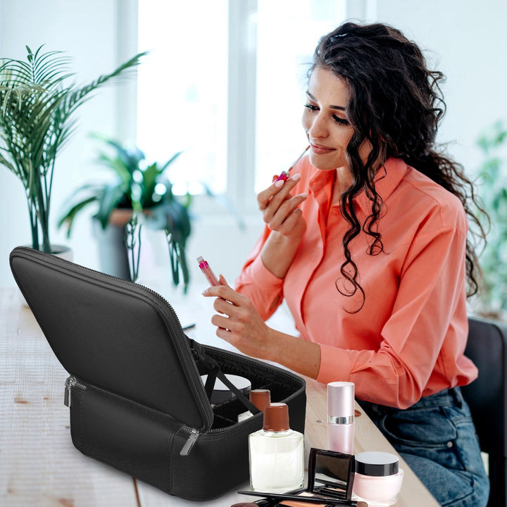 Travel Makeup Bag with LED Mirror Makeup Case Organizer with 3 Light Colors Adjustable Dividers Brush Holder Magnifying Mirror Dimmable USB Rechargeable