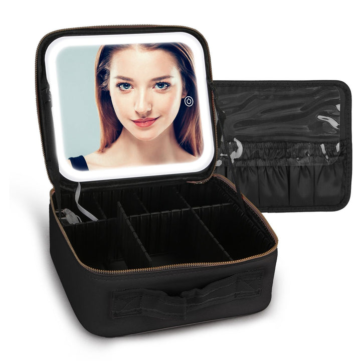 Travel Makeup Bag with LED Mirror Makeup Case Organizer with 3 Light Colors Adjustable Dividers Brush Holder Magnifying Mirror Dimmable USB Rechargeable