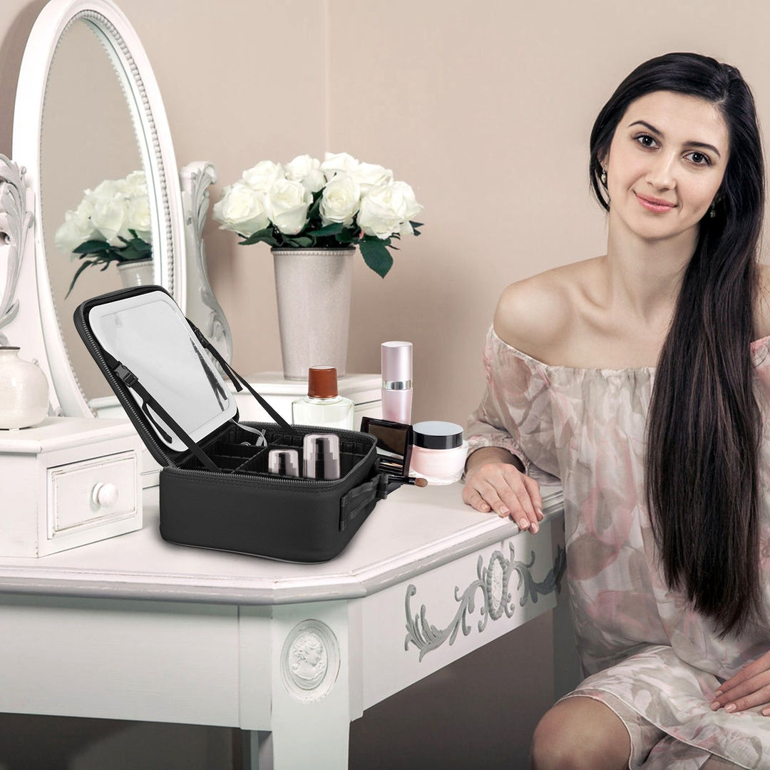 Travel Makeup Bag with LED Mirror Makeup Case Organizer with 3 Light Colors Adjustable Dividers Brush Holder Magnifying Mirror Dimmable USB Rechargeable