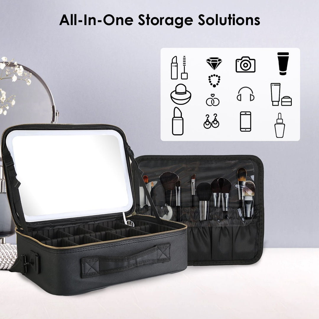 Travel Makeup Bag with LED Mirror Makeup Case Organizer with 3 Light Colors Adjustable Dividers Brush Holder Magnifying Mirror Dimmable USB Rechargeable