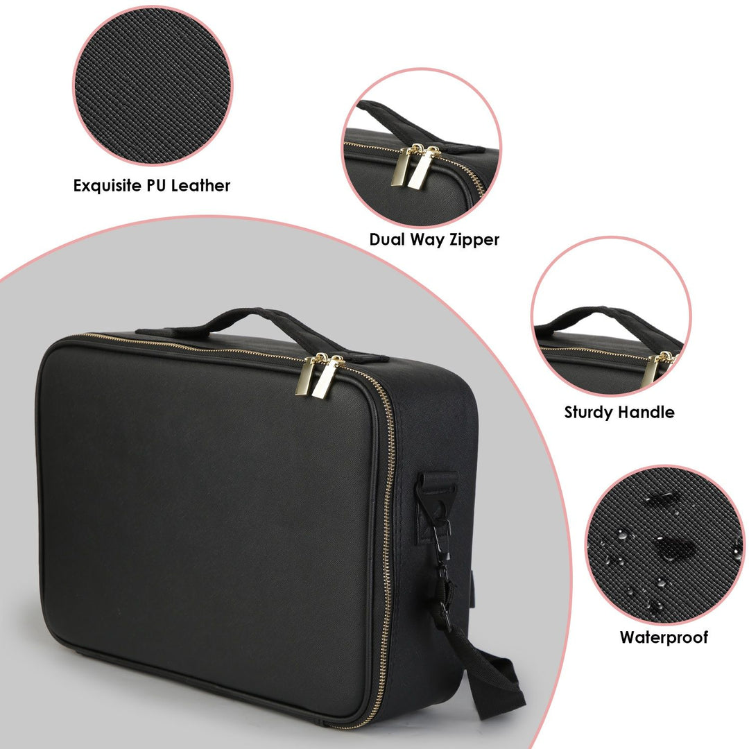 Travel Makeup Bag with LED Mirror Makeup Case Organizer with 3 Light Colors Adjustable Dividers Brush Holder Magnifying Mirror Dimmable USB Rechargeable