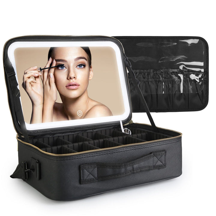 Travel Makeup Bag with LED Mirror Makeup Case Organizer with 3 Light Colors Adjustable Dividers Brush Holder Magnifying Mirror Dimmable USB Rechargeable
