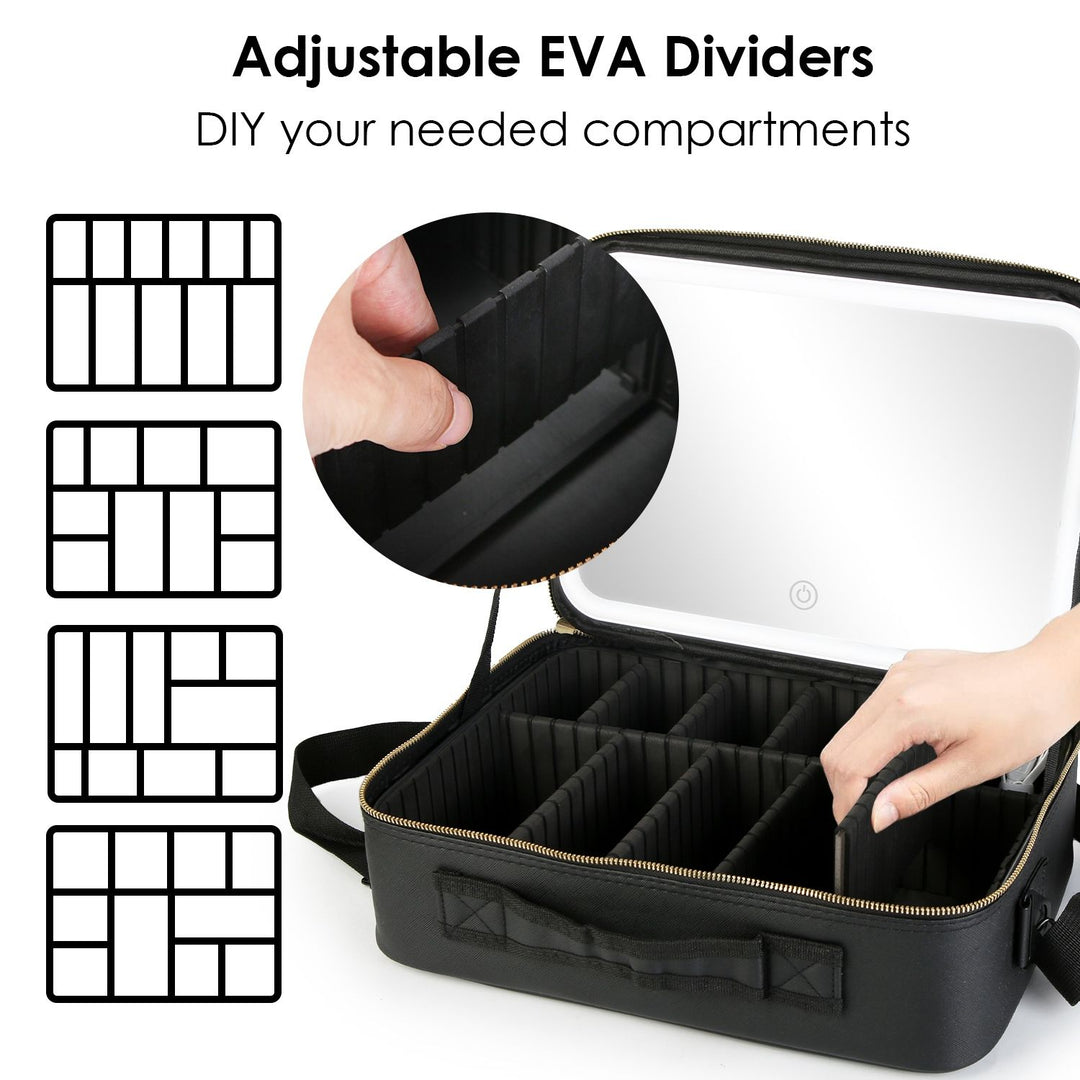 Travel Makeup Bag with LED Mirror Makeup Case Organizer with 3 Light Colors Adjustable Dividers Brush Holder Magnifying Mirror Dimmable USB Rechargeable