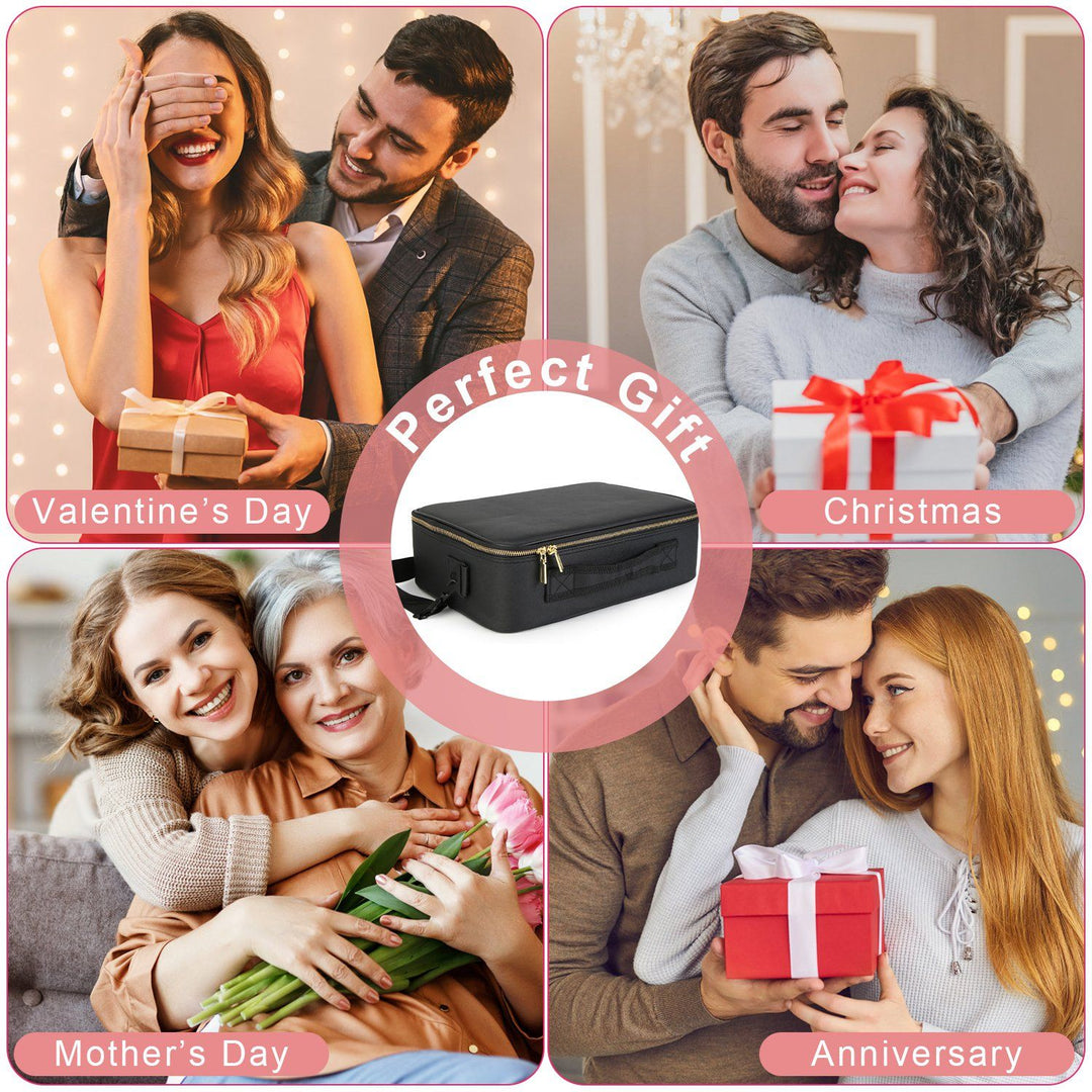 Travel Makeup Bag with LED Mirror Makeup Case Organizer with 3 Light Colors Adjustable Dividers Brush Holder Magnifying Mirror Dimmable USB Rechargeable