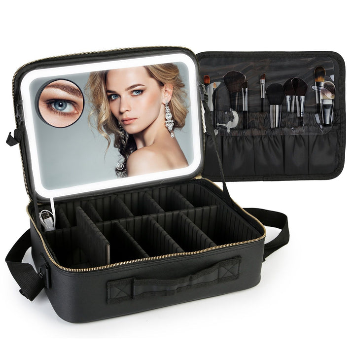 Travel Makeup Bag with LED Mirror Makeup Case Organizer with 3 Light Colors Adjustable Dividers Brush Holder Magnifying Mirror Dimmable USB Rechargeable