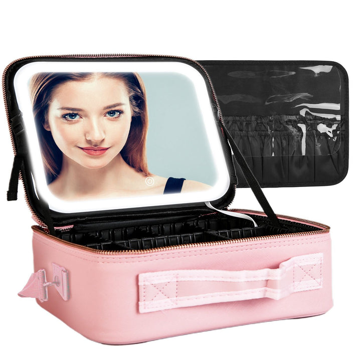 Travel Makeup Bag with LED Mirror Makeup Case Organizer with 3 Light Colors Adjustable Dividers Brush Holder Magnifying Mirror Dimmable USB Rechargeable