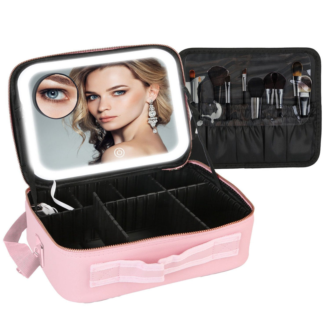 Travel Makeup Bag with LED Mirror Makeup Case Organizer with 3 Light Colors Adjustable Dividers Brush Holder Magnifying Mirror Dimmable USB Rechargeable