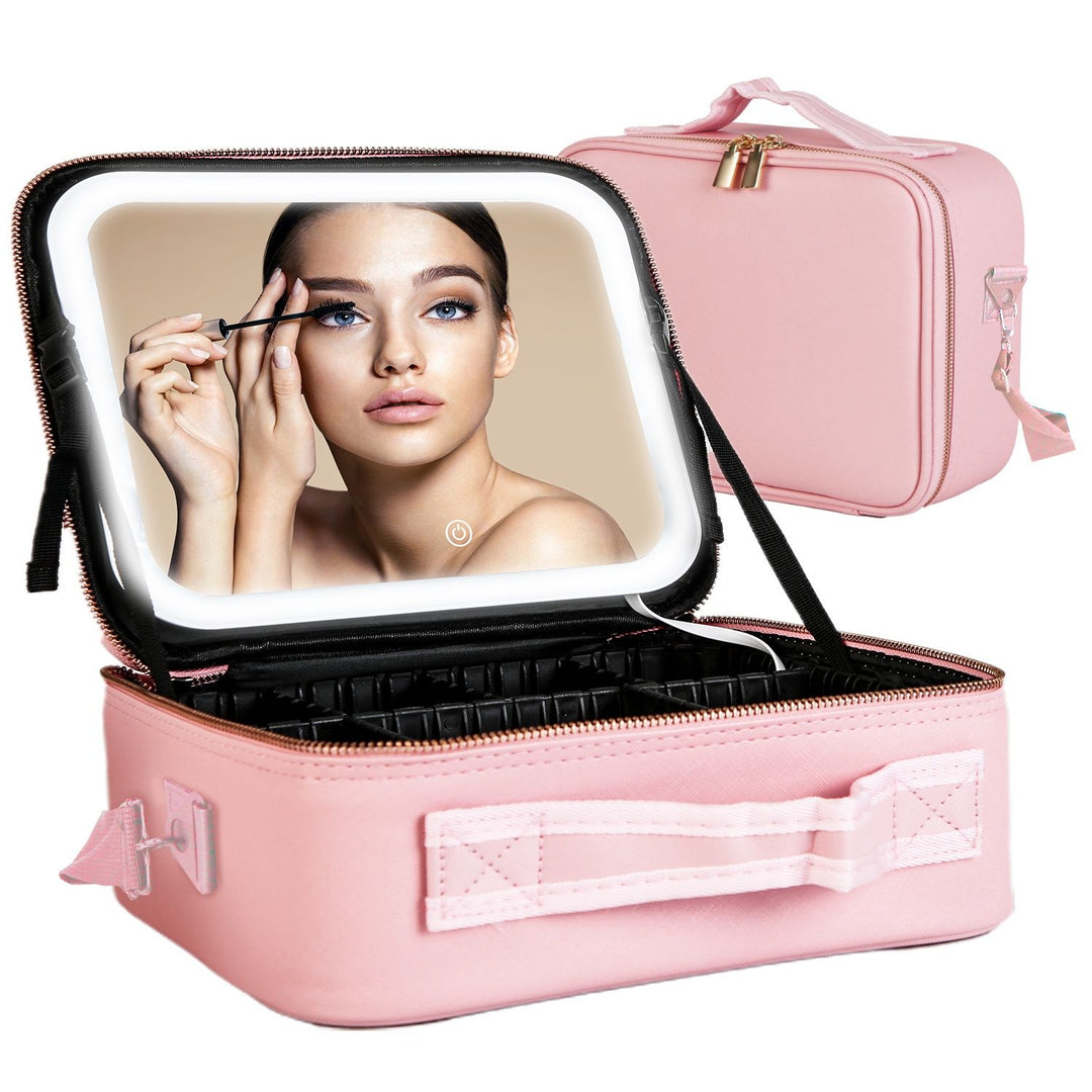 Travel Makeup Bag with LED Mirror Makeup Case Organizer with 3 Light Colors Adjustable Dividers Brush Holder Magnifying Mirror Dimmable USB Rechargeable